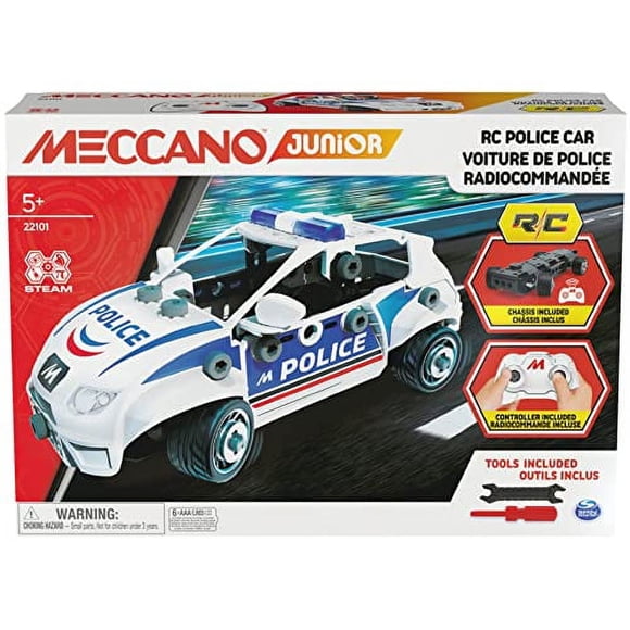 Meccano Junior , Voiture de Police RC avec Coffre Fonctionnel et Vrais Outils, Trousse de Construction de Modèle Jouet, Jouets STIM pour Enfants de 5 Ans et Plus