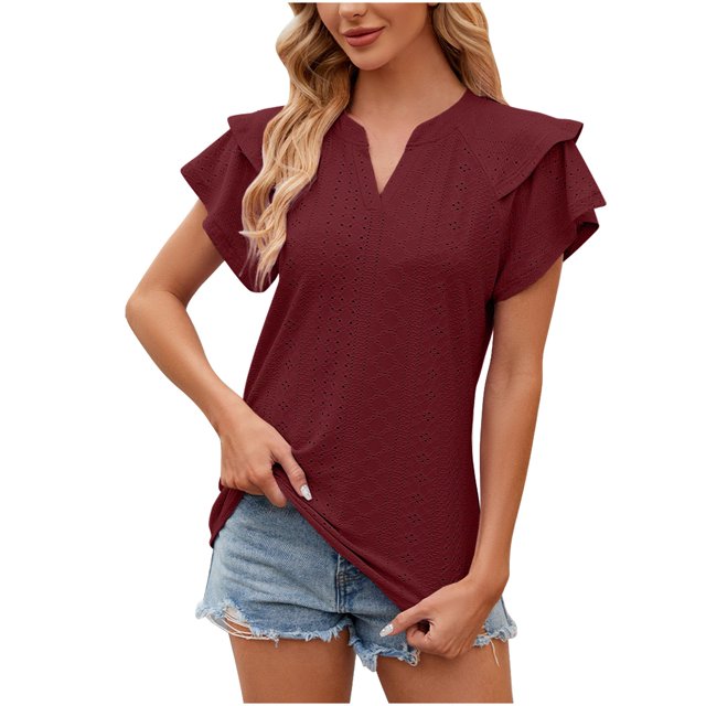AherBiu Boho Tops for Women Layered Ruffle Short Sleeve Shirts Notch V Neck Summer Casual Tunic Top Blouse