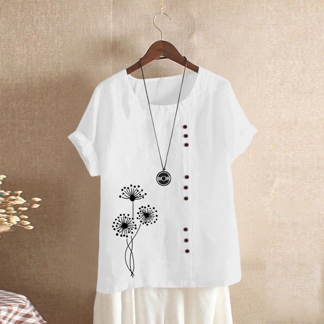 Pisexur T-Shirts Surdimensionnés Mode Pissenlit Graphique d'Été Femmes en Lin de Coton Tops 2024 Col Rond Manches Courtes