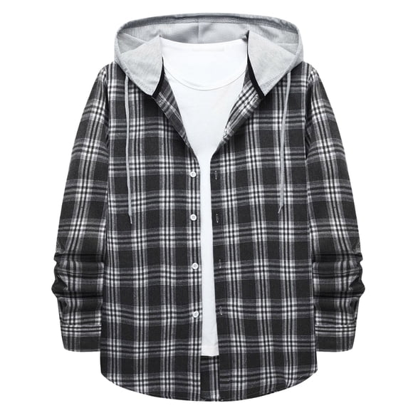 Ccpelsie Men's Flannel Shirt Plaid Hoodie Fall Casual Button Down Shirt Jackets Long Sleeve Stylish Hooded with Pockets(A-Grey,2XL)