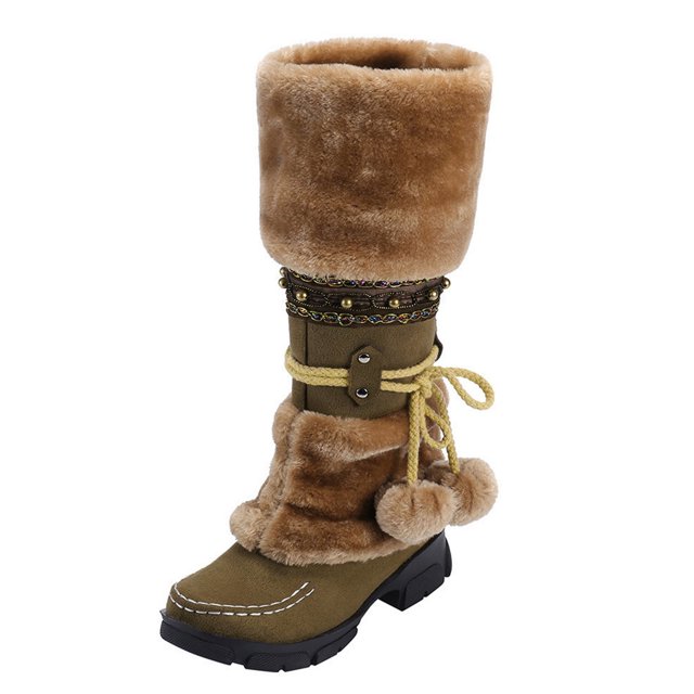 Bottes d'Hiver pour Femmes Chaudes à Bout Haut Rétro à Talons Ronds Bottillons à Pompon Mi-Hauteur - à Enfiler pour un Confort Stylé par Temps Froid