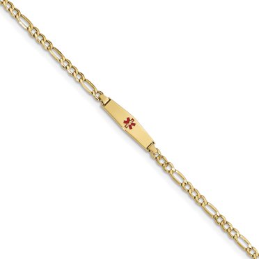 14K Yellow Gold Medical Soft Diamond Shape RedEnamel Semi-Solid Figaro Link ID Bracelet
