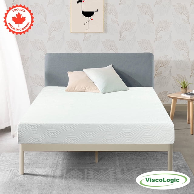 ViscoLogic AuraSleep 8 Inch King Mattress featuring premium gel memory foam with CertiPUR-US® certified foam. The mattress measures 79 inches long, 75 inches wide, and 8 inches high, offering firm support ideal for back and stomach sleepers. Designed with a cooling gel layer for optimal temperature control and a 7-inch high-density foam base for spinal alignment and pressure relief. Encased in a removable, hypoallergenic cover for easy maintenance. Proudly made in Canada, this mattress is compatible with various bed frames, including box springs, platform beds, and slatted bases. Displayed in a modern bedroom setting with a grey upholstered headboard and decorative accents.