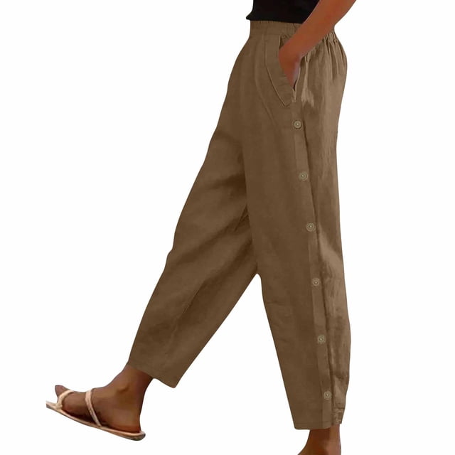 Timegard Womens Pants Elastic High Waist Lightweight Side Button Solid Color Lounge Trousers with Pockets