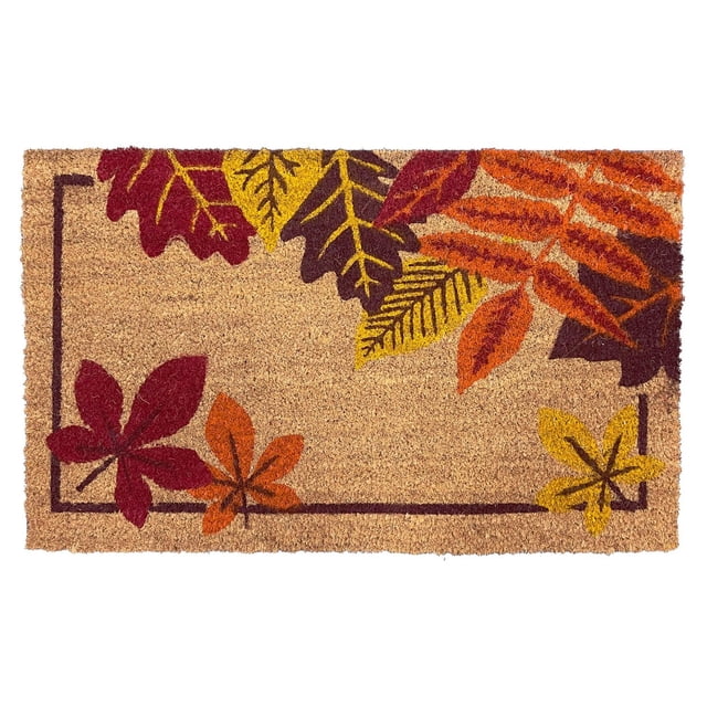 Floor Choice Coir Autumn Door Mat featuring natural coir fibers with a printed design of red, orange, yellow, and brown autumn leaves along the edges on a rectangular mat bordered by a dark brown line, ideal for outdoor or sheltered indoor use to scrape dirt and moisture from shoes and reduce debris in entryways.