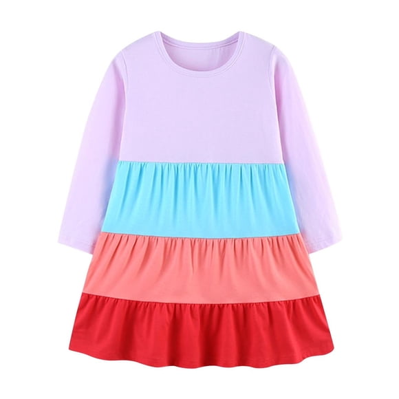 Timegard Girls Clothes Toddler Cute Block Color Comfy Dresses Casual Cotton Loose Long Sleeve Party Dress