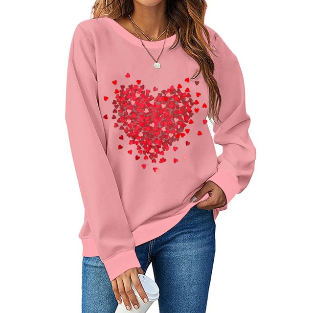 T-shirt de la Saint-Valentin pour Femmes 2024, Chandails à Col Rond, T-Shirts Décontractés avec Cœur, T-Shirts Graphiques Amples à Manches Longues, Chandails à Enfiler, Hauts Mode pour les Fêtes, T-Shirt