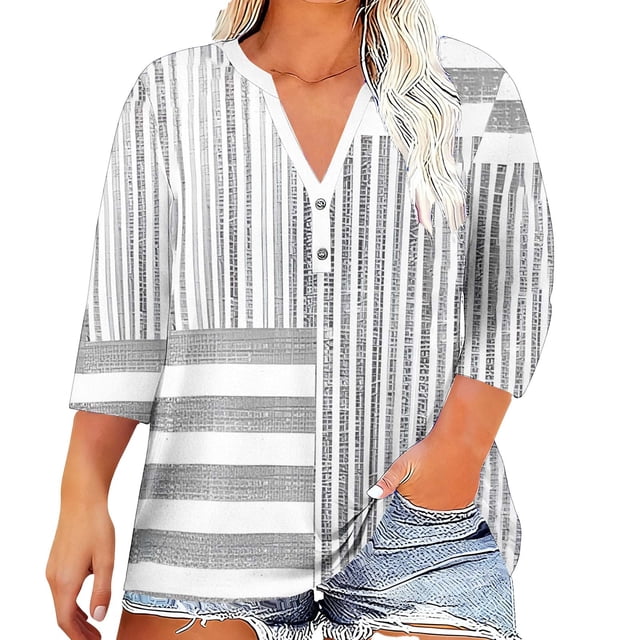 Women's Plus Size Casual V Neck Button Down Shirts, 3/4 Sleeve Loose Fit Tunic Tops, Comfortable Blouses for Home, Daily Wear, Summer Layering