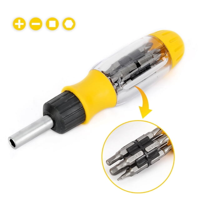 WorkPro 13-IN-1 Ratchet Screwdriver with yellow and black cushion-grip handle, transparent storage holding 12 chrome vanadium steel bits and extension bar, including Phillips, flathead, square, and hex bits, suitable for various home improvement projects.
