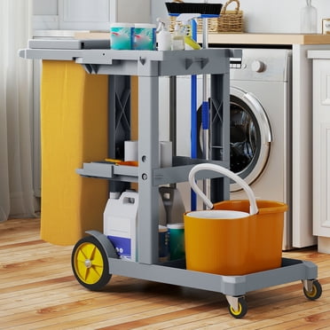 DEXTRUS Cleaning Cart 3-Tier Janitorial Trolley with Wheels, Two 25 Gallon Yellow Vinyl Bags, Rubber Gloves, Gray