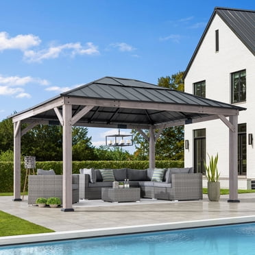 Sunjoy Gazebo à ossature en cèdre de 13 pi x 15 pi avec toit en croupe en acier noir et polycarbonate