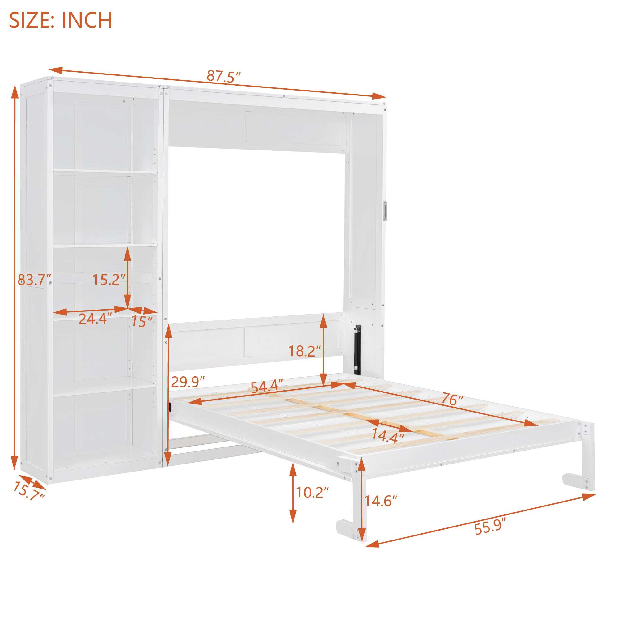 Homy Casa Full Size Murphy Bed with Storage Shelves, White, Foldable Wall Bed