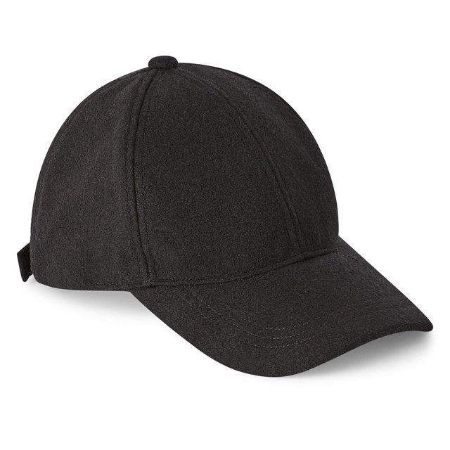 George Men's Wool Baseball Cap in black with a 6-panel design, curved peak, button on crown, and adjustable back strap for a custom fit, made from a soft wool blend suitable for casual wear, gym, or errands.