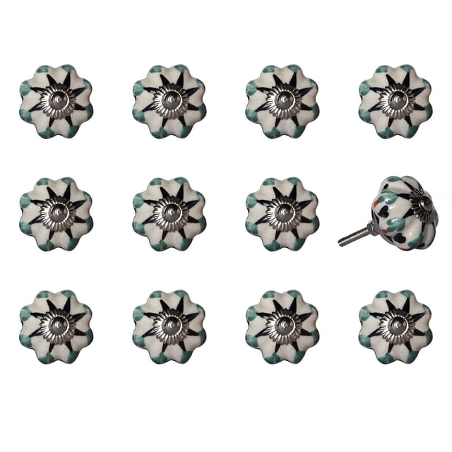 KNOB-IT vintage handpainted ceramic knobs 12-pack with flower-shaped white ceramic design featuring black star and green accents, central silver metal bolt and nut, 1.5-inch diameter with trim-to-size bolt, ideal for updating cabinets, drawers, and cupboards.
