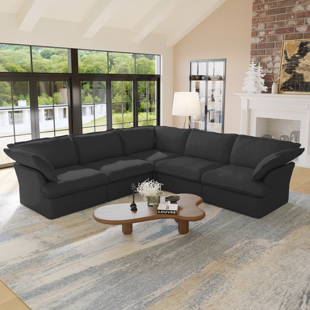 Sodrens Canapé Sectionnel Modulaire, Canapé d'Angle Moderne en Tissu de Lin à Combinaison Libre, Canapé 5 Places pour Salon, Noir