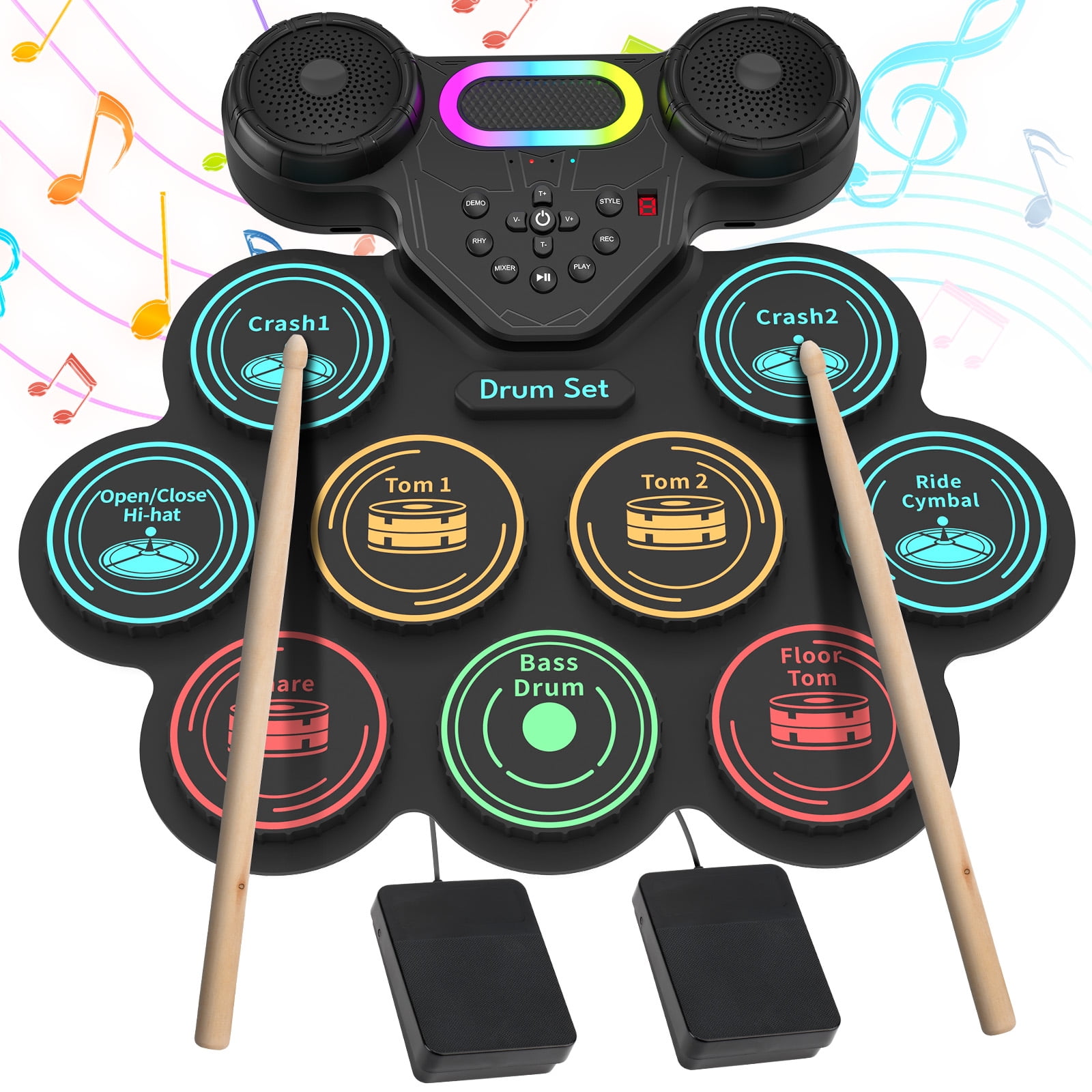 Dammyty Upgrade 9 Pads Kids Adults Electronic Drum Sets Kit with Headphone Jack and Dual Bluetooth Speaker Wireless Connection for Christmas Birthday Gift