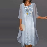 JUNWELL Mother of the Bride Dresses Womens Two-Piece Set Floral Print Midi Dress with Cardigan Chiffon Formal Party Sleeveless Plus Size Wedding Guest Dresses for Women 2024 Resort Wear