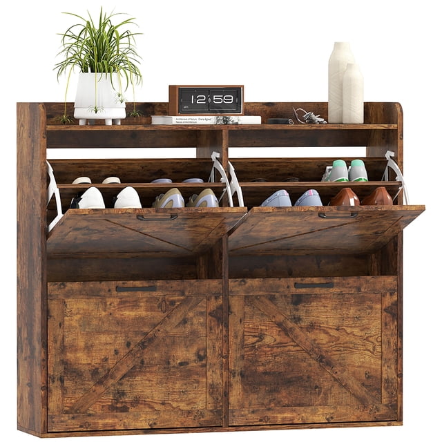 HOMCOM 4 Flip Drawer Shoe Cabinet, Slim Shoe Storage Cabinet, Rustic Brown