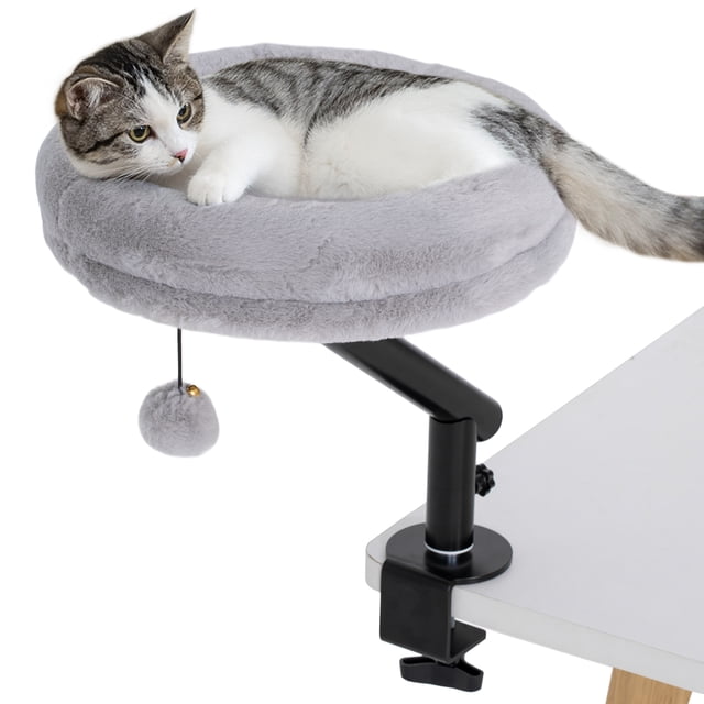 PawHut Lit de Bureau pour Chat 360° Rotatif Hauteur Réglable pour Travail à Domicile