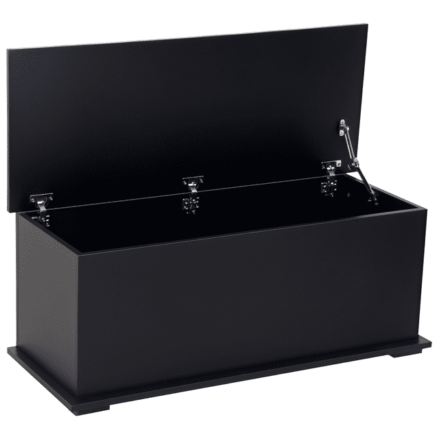 HOMCOM Coffre de Rangement à Dessus Relevable avec 2 Charnières de Sécurité, Couvercle Rabattable, Noir. Ce Coffre de Rangement Moderne Présente une construction Robuste en Panneau de Particules avec une Finition Noire Élégante, avec un Couvercle Rabattable Soutenu par Deux Charnières de Sécurité pour une Ouverture et une Fermeture Sécurisées. le Coffre Mesure 39,4 Pouces de Large, 15,7 Pouces de Profond et 15,7 Pouces de Haut, Offrant un Vaste Espace de Rangement avec une Dimension Intérieure de 36,6 Pouces par 13,8 Pouces par 13,8 Pouces,