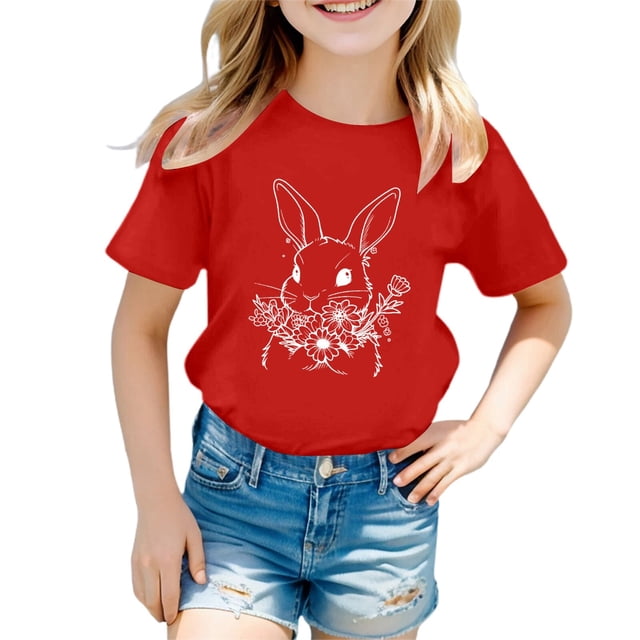 GDREDA Vêtements Fille T-Shirt Décontracté Mignon de Pâques pour Fille à Col Rond à Manches Courtes Haut T-Shirt Mignon pour Filles Rouge, 6-7 Ans