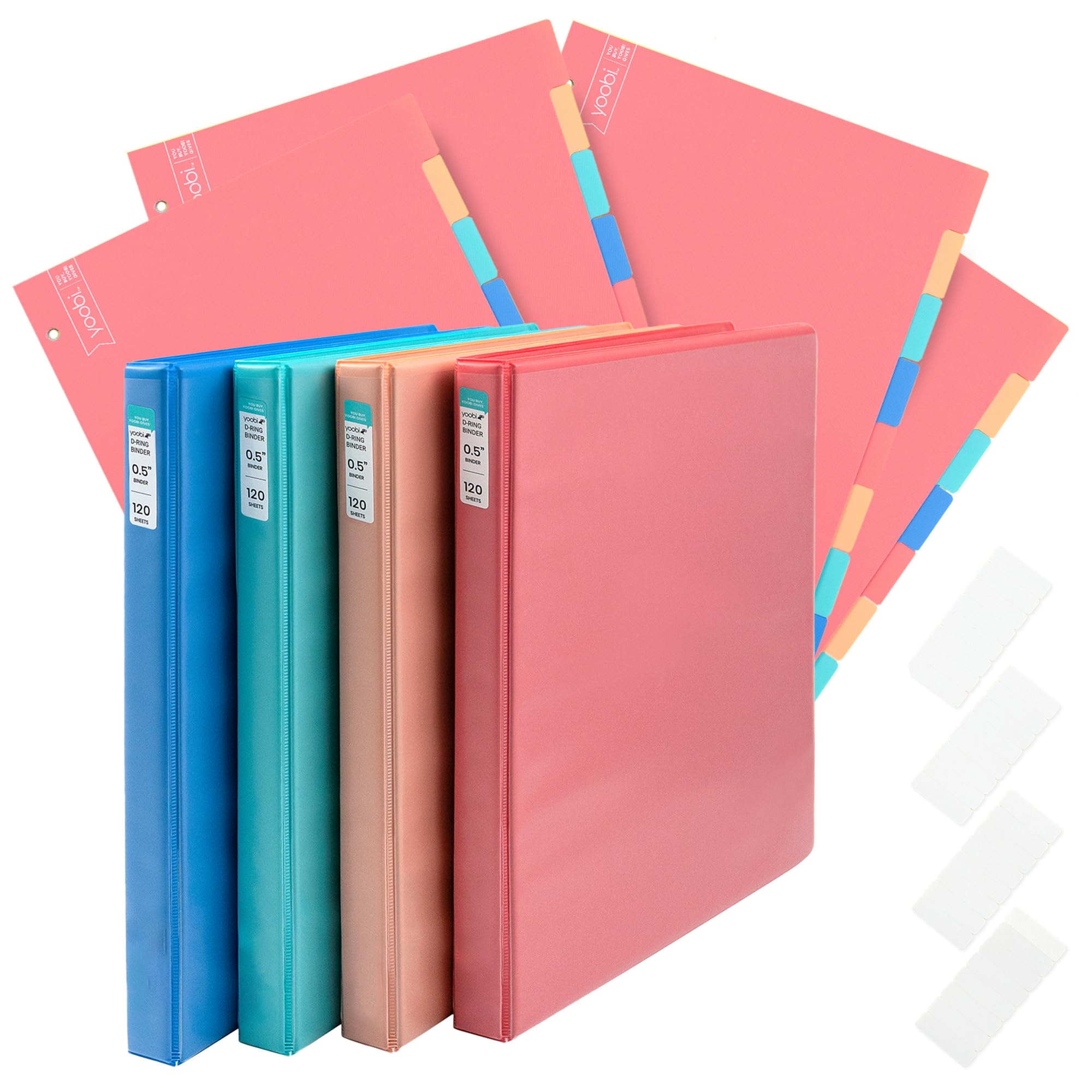 Yoobi 1/2 Inch Multicolor Binder & 8-Tab Divider Set - 4-Pack of 3-Ring Binders with 2 Pockets 4-Pack of Binder Organizer Tabs w/Blank Sticky Labels - Perfect for School Home or Office
