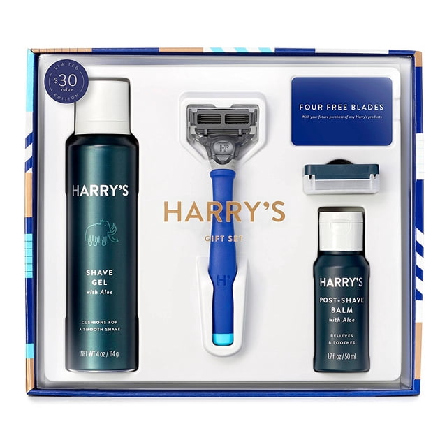 Harry's Grooming Gift Set - 5 Piece Winter Blue. This set includes a blue-handled razor, four replacement blades, shave gel with aloe (4 oz), post-shave balm with aloe (1.7 oz), and a blade cover. Packaged in a sleek winter-themed box, ideal for gifting.
