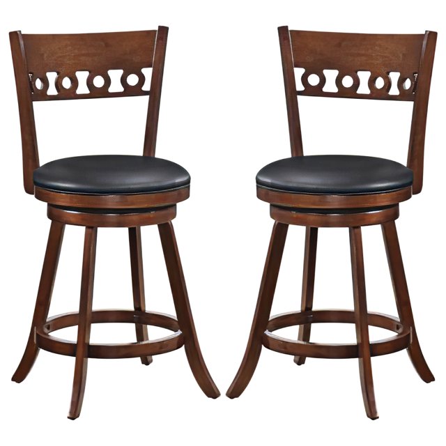 Gymax 2PCS 24.5'' Counter Height Bar Chairs Swivel Bar Stools w/ Rubber Wood Frame