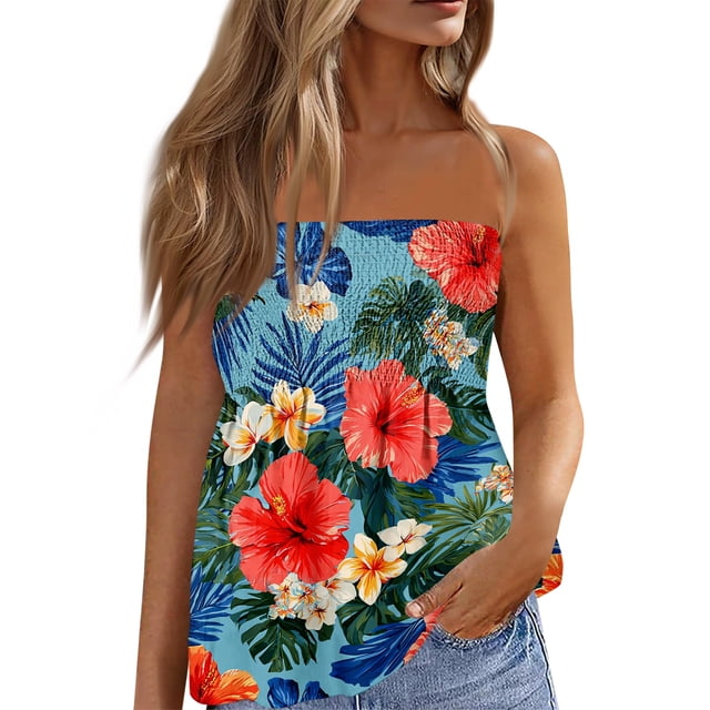 OIOLOYJM Womens Tube Top Spring Bandeau Strapless Palm Tree Tank Tops Backless Travel Flowy Going Out Outfits Royal Blue L