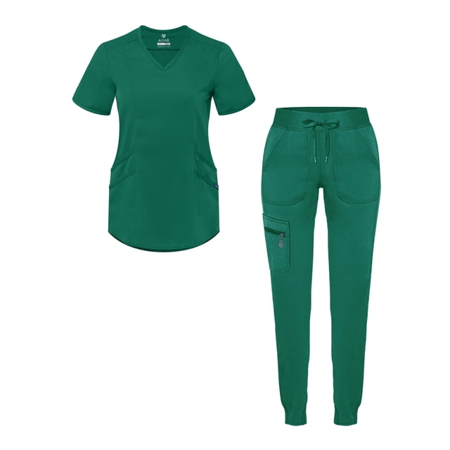 Adar Pro Modern Athletic Scrub Set For Women - Modern V-Neck Scrub Top & Yoga Jogger Scrub Pants