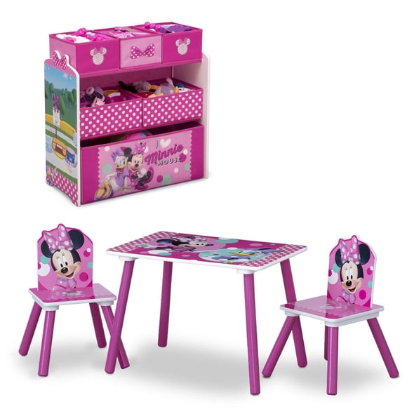 Disney Minnie Mouse Playroom Solution by Delta Children – Set Includes Table and 2 Chairs and a 6-Bin Toy Organizer