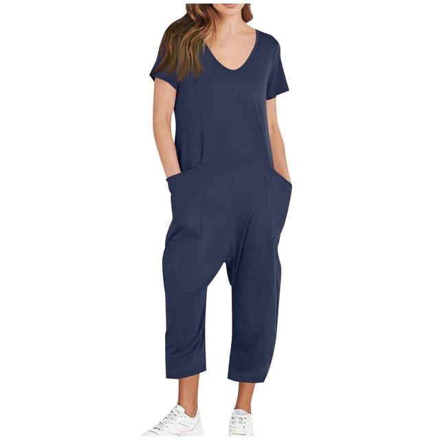 Yuyuzo Jumpsuits for Women Short Sleeve V Neck Rompers Wide Leg Cropped Pants Overalls with Pockets