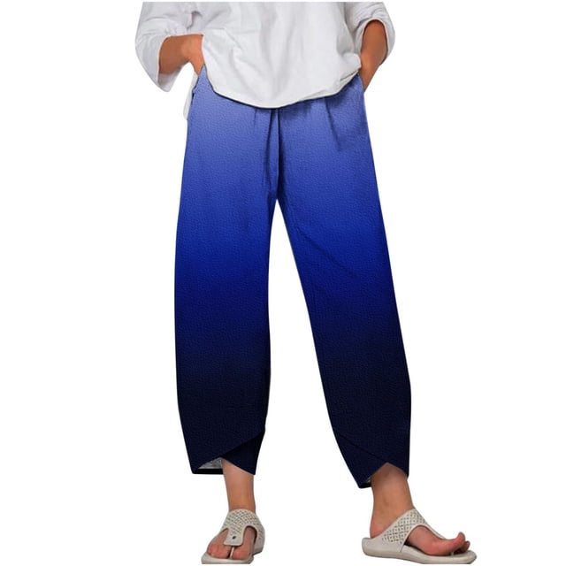 Meichang Capris à Jambes Larges Tulipe Dégradé pour Femme Grande Taille, Taille Très Extensible, Mode d'Été, Coton et Lin,
