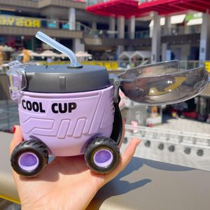 EGNMCR Kitchen Gadgets A Sliding Water Cup Imitating The Shape Of A Car Term Begin Summer Covered Plastic Water Cup Sports Water Cup With Straw Fast Heat Dissipation Plastics Sports Water Bottle