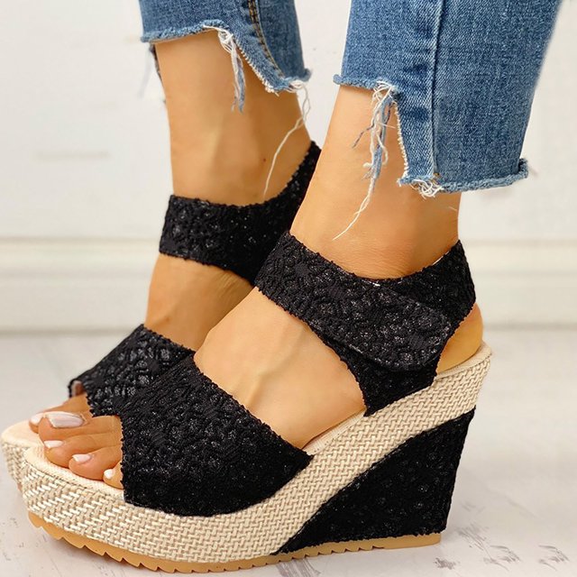 YOUSNH Sandales Compensées pour Femmes Chaussures pour Dames Chaussures Décontractées Sandales à Plateforme Mode Chaussures à Fleurs Chaussures Femme 2024 Tendance Noir 5.5