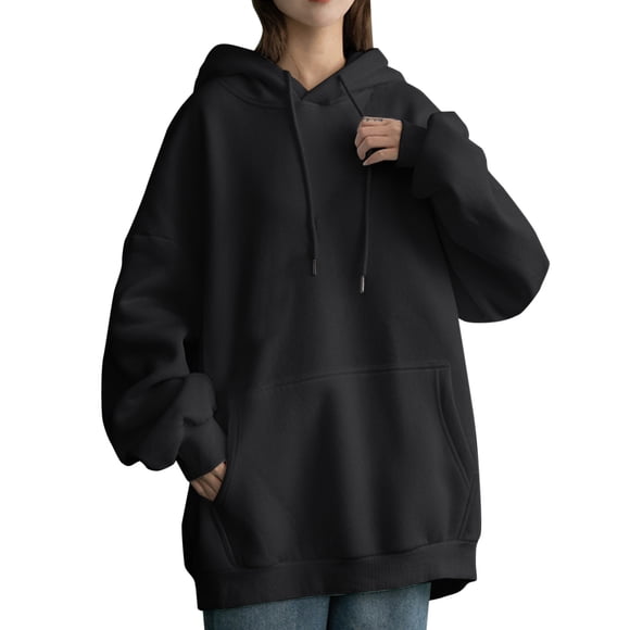 Baberdicy Essentials Hoodie Womens Daily Long Casual Down for Womens Pocket Hooded Sweatshirts Pullover Sleeve Button V Drawstring Hoodies Neck Women's Hoodies Sweatshirts Hoodies for Women Black