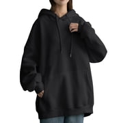 Baberdicy Essentials Hoodie Womens Daily Long Casual Down for Womens Pocket Hooded Sweatshirts Pullover Sleeve Button V Drawstring Hoodies Neck Women's Hoodies Sweatshirts Hoodies for Women Black