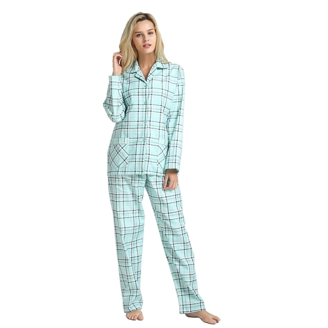 GLOBAL Women's Flannel Pajama Set - 100% Cotton, Button Down Top & Drawstring Pants | Warm Winter Sleepwear for Canada