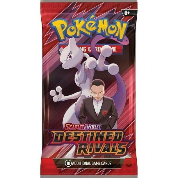 PokémonTCG: Destined Rivals Booster Pack x1 featuring vibrant packaging with Mewtwo and a character in a suit on the front. Part of the Scarlet & Violet—Destined Rivals expansion, this pack includes 10 additional game cards. The set boasts over 240 cards, including more than 85 Trainer's Pokémon, over 45 Team Rocket's Pokémon, and more than 15 Pokémon ex. Suitable for ages 6 and up.