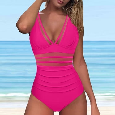 Miqool Women's One Piece Swimsuit Deep V Neck Ruched Mesh Sheer Tummy Control Bathing Suits Vintage Retro High Cut Slimming Cheeky Swimwear