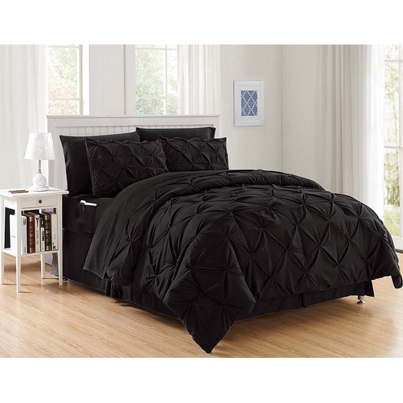 Cozy & Soft 8-Piece Bedding Set - Includes Comforter, Smart Sheet Set, Bed Skirt, Matching Pillowcases and Shams, Pintuck Design, Full/Queen, Black Comforter Set