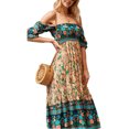 thumbnail image 3 of Faithtur Femmes d'Été Robe Bohème Manches Courtes Plissée Poitrine Motif Floral Boho Style une Pièce Jupe de Gâteau, 3 of 5