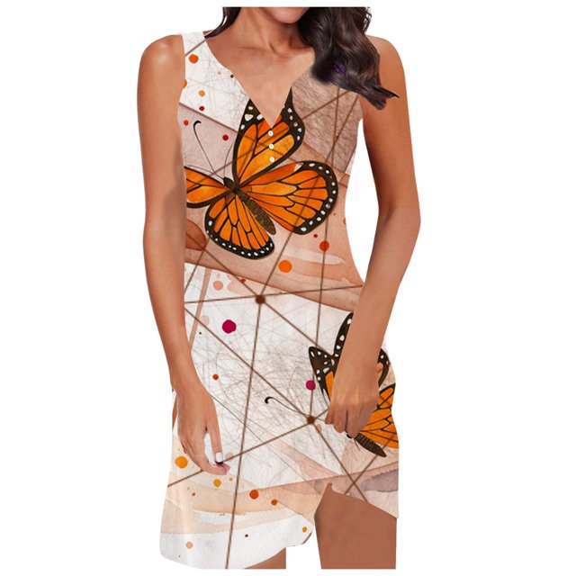 TJAZFJPA Robe de Bal Rouge Femmes Mode Décontractée Europe et Amérique Petite Bretelle Aguichant Sans Manches Robe à Imprimé Papillon Jupe Courte Robes de Vacances Femmes Tendance 2025 Robes Taille Empire pour Femmes