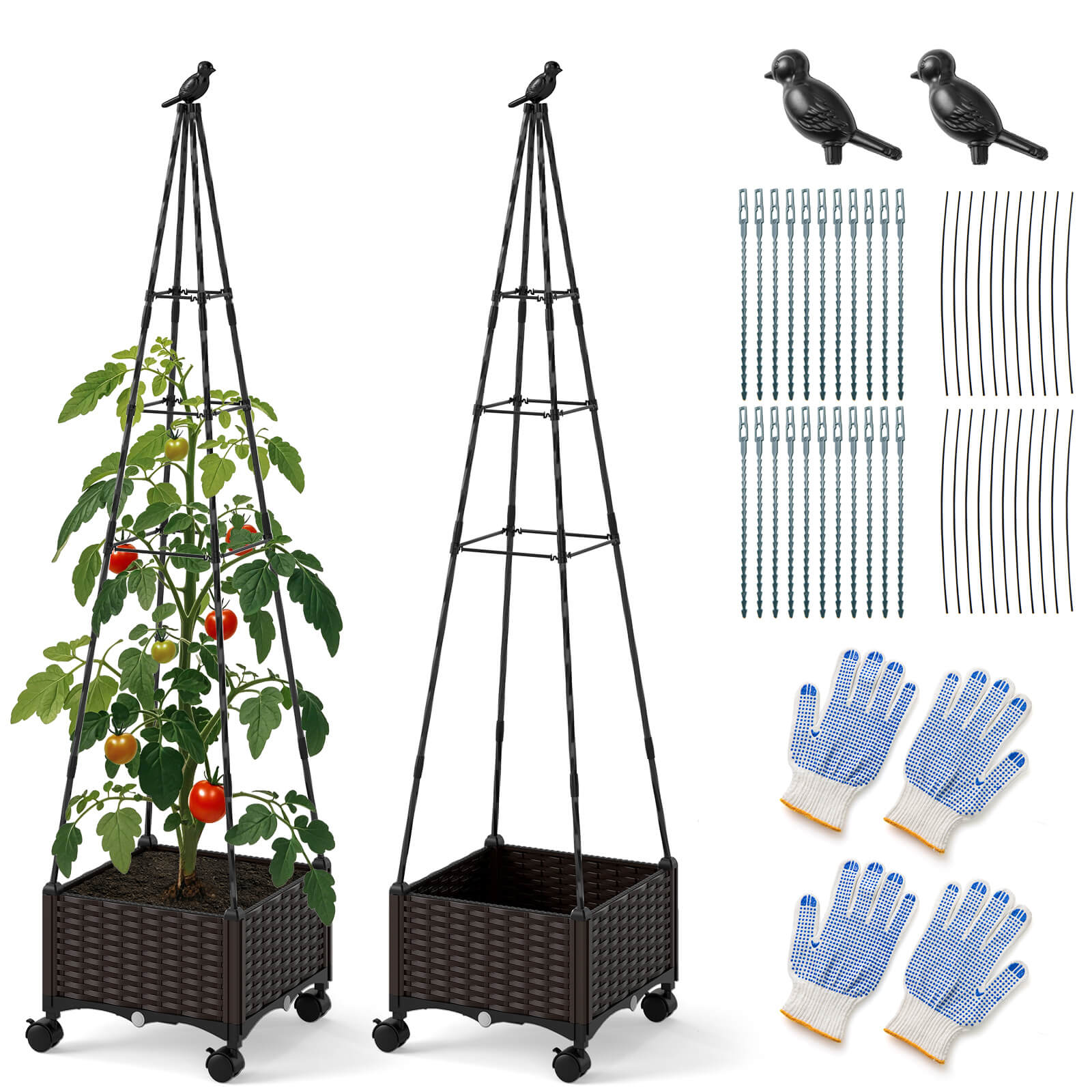 Costway 2 PCS Raised Garden Bed with Plant Box & Obelisk Trellis Lockable Wheels Cage Planter