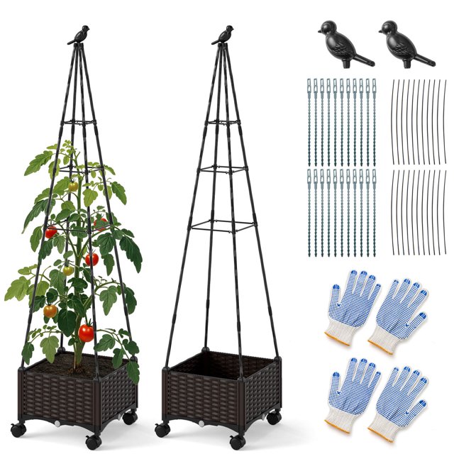 Costway 2 PCS Raised Garden Bed with Plant Box & Obelisk Trellis Lockable Wheels Cage Planter