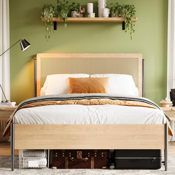 TROPOW Cadre de Lit Grand, avec Tête de Lit en Rotin, Lit Plateforme Grand en Rotin Style Bohème avec Lattes Métalliques Robustes, Rangement sous le Lit, Sans Bruit, Aucun Sommier Requis, Chêne Clair