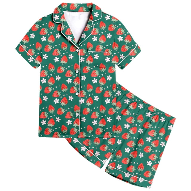 Luvoko Child Strawberry Pattern Kids Boys And Girls Pattern Printed Short Sleeve Button Down Pajamas Shorts Set Sleepwear Outfits Kids Set Baby Robe Elephant Tween Girls Robe Kids Bathrobes Size 14
