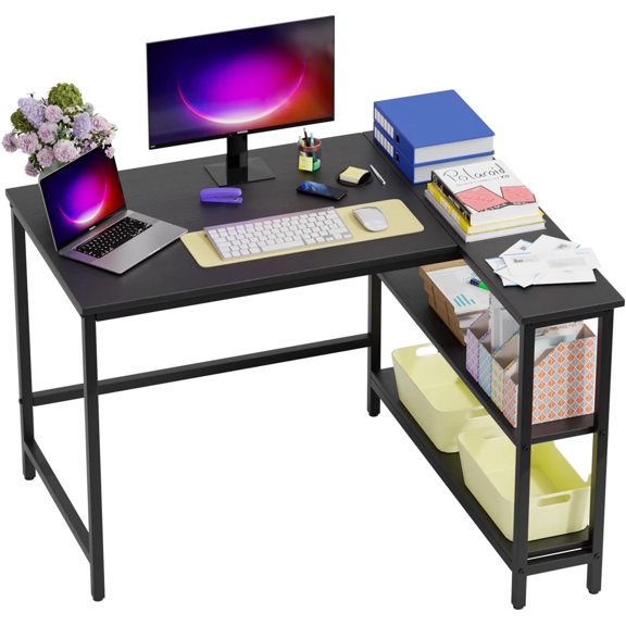 FDW L-Shaped Gaming Desk 43 Inch Corner Desks, Reversible Side Storage Shelves Metal Frame PC Work Table for Home Office Dorm Sturdy Writing, Black