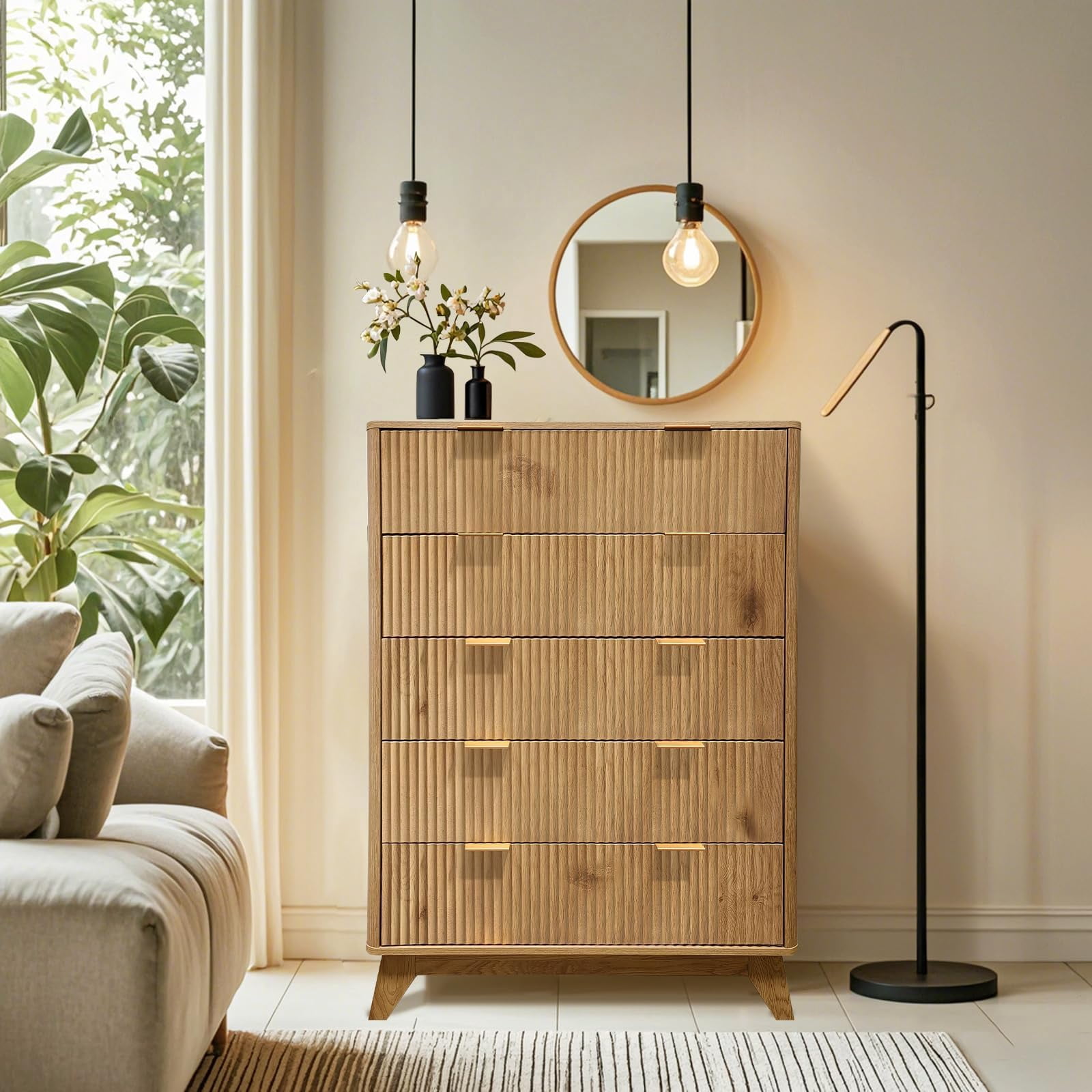 AKDSteel 48" Tall Fluted Chest of 5 Drawers – Modern Curved Wood Dresser Organizer for Bedroom, Entryway, Hallway, Living Room
