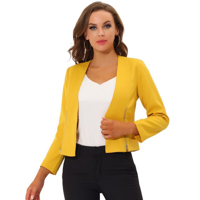 INSPIRE CHIC Blazer Court Sans Col à Fermeture Éclair pour Femme, Tenue de Travail, L Jaune